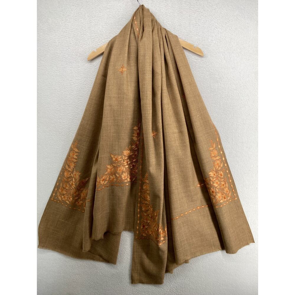 Wool Scarf Shawl Kashmiri Wrap Embroidered Floral Oversized Fringe Camel Brown - Picture 2 of 11